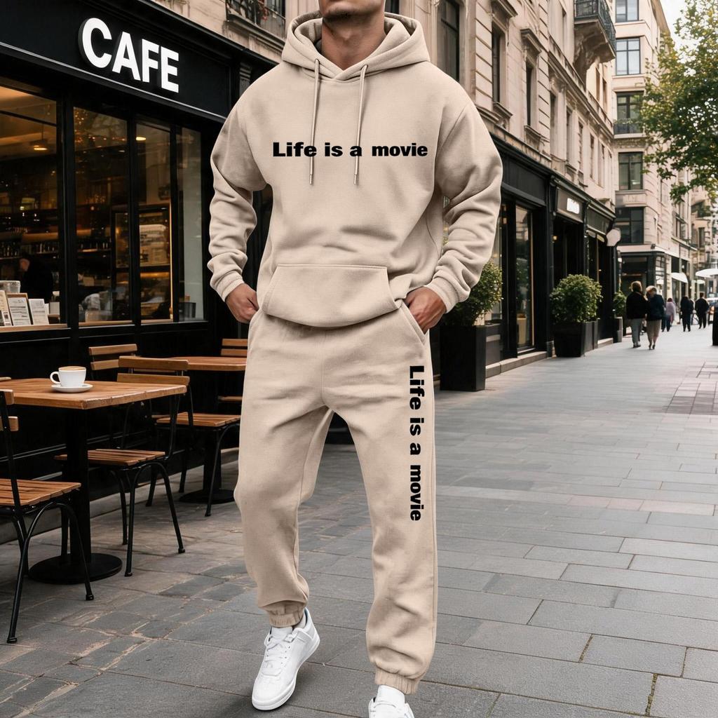 Men's Casual Letter Print Hooded Sweatshirt and Sweatpants Set, Lined Two Piece Outfit