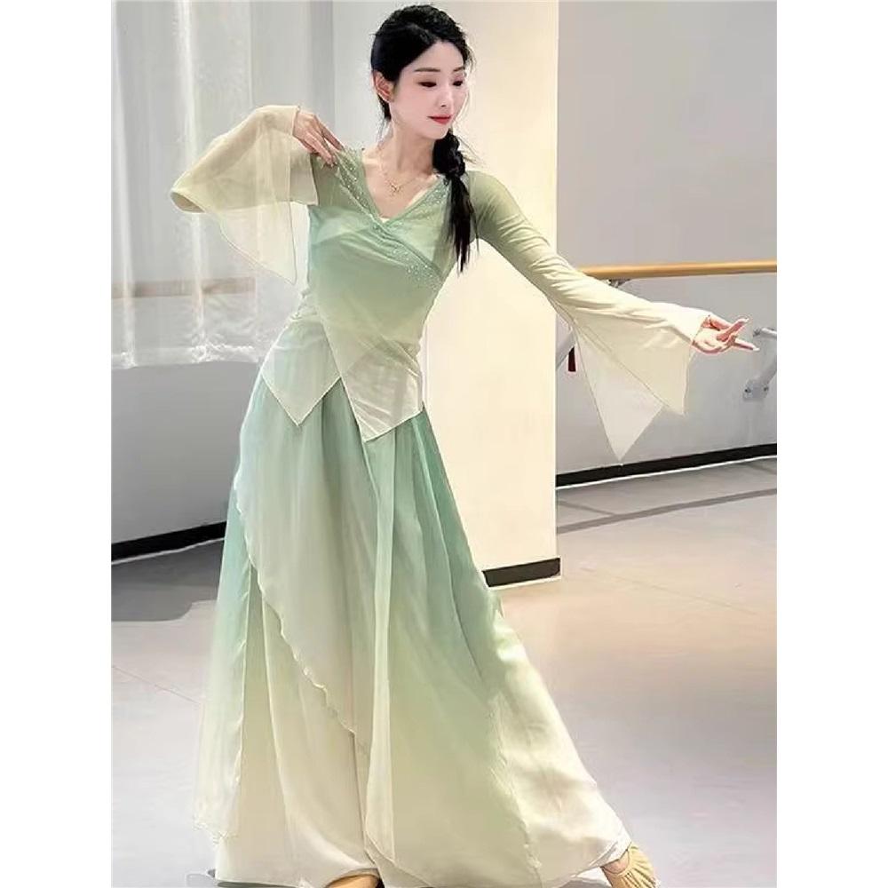 Women s Chinese Style Gradient Chiffon Dance Set, Bell Sleeve Sheer Top Flowy Skirt For Practice & Stage Performance 2XL зелёный