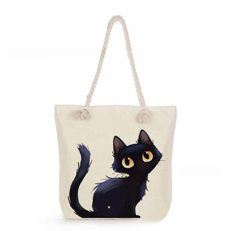 Black cat print thick rope single-shoulder beach bag 7364