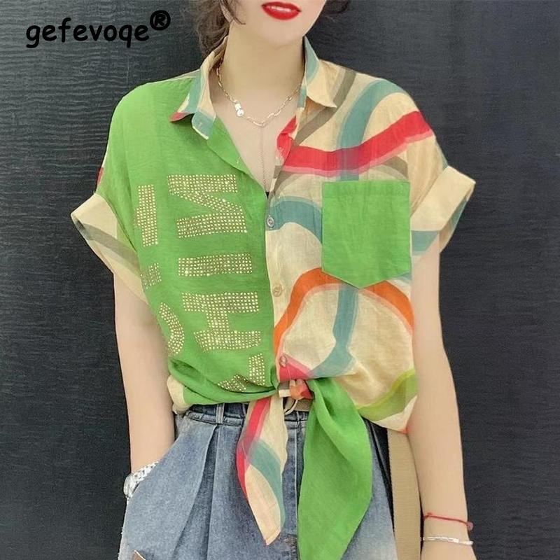 Y2K Summer Casual Fashion Diamonds Patchwork Chiffon Shirt Lady Short Sleeve Loose All-match Buttons Tops Women Printed Blouse
