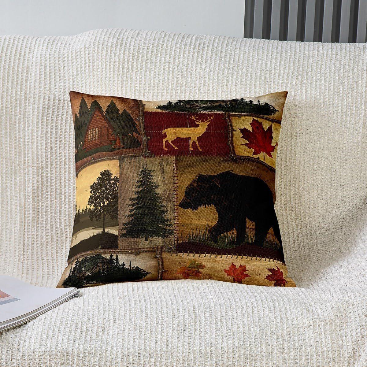 

2pcs Vintage rural pillowcase with bear deer maple leaf hunting pattern, American living room, autumn and winter home decoration 18x18Inch