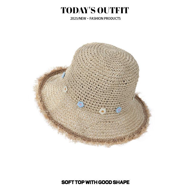 Women's Summer Pastoral Style Small Flowers Woven Straw Hat Sun Protection Straw Hat Fashionable Versatile Small Flowers and Plants Woven Sun Hat