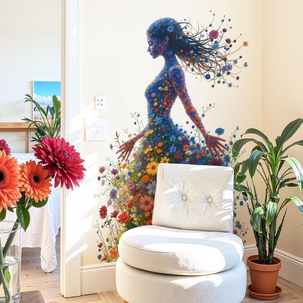 Flower Fairy Wall Sticker Removable Silhouette Decal for Bedroom Living Room Background Home Decor