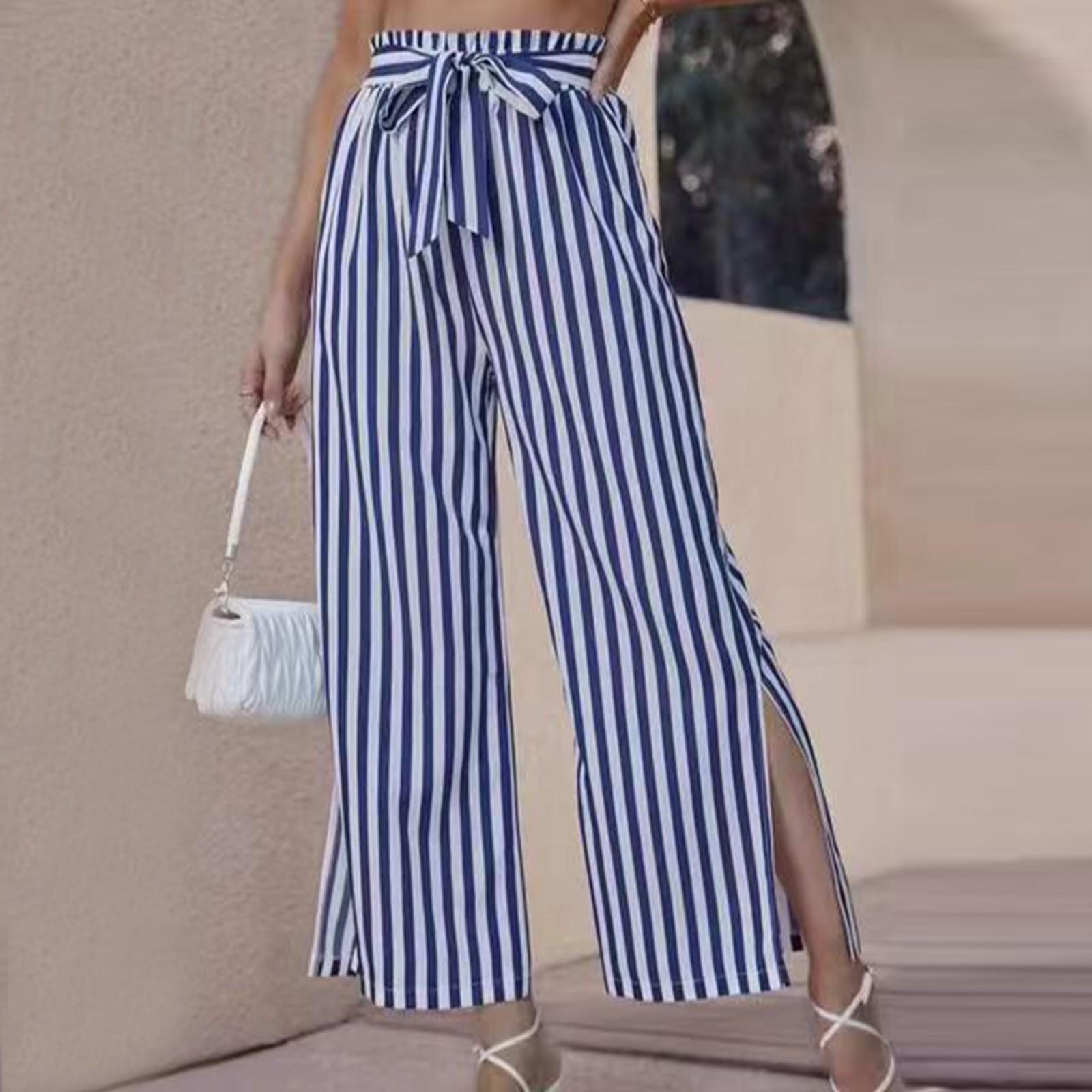 

Женские повседневные полосатые брюки с разрезом на талии, прямые широкие брюки, длинные брюки M синий