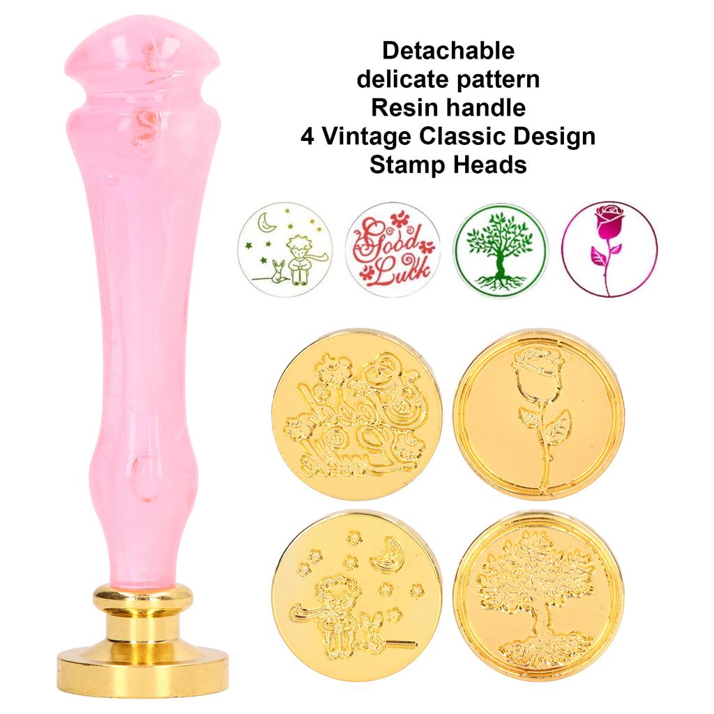 Wax Stamp Kit Delicate Pattern Detachable 4 Vintage Stamp Heads Wax Stamp Kit with Resin Handle for Invitation