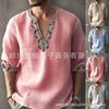 Camisa Masculina de Linho com Gola V, Bordado Floral e Mangas Dobráveis, Blusa Casual Estilo Étnico