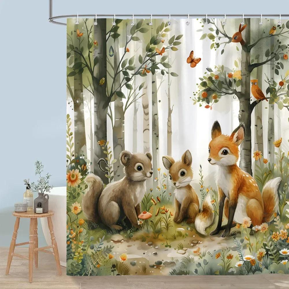 Cute Forest Animals Shower Curtain Winter Snow Fox Red Bird Deer Bear Rabbit Polyester Shower Curtains Bathroom Decor with Hooks