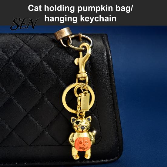 Metal Key Holder Halloween Cat Holding Pumpkin Keychain, Car Party Favor Ring Holder, Backpack Handbag Hanging Decorative Accessory