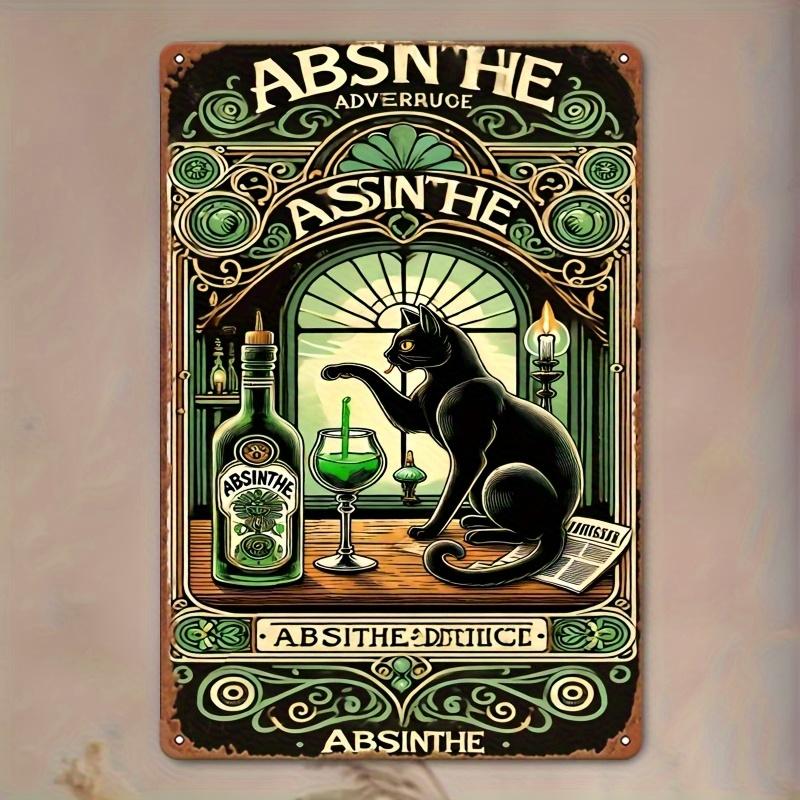 2D Flat, 2D Wall Art 1pc, Cat And Absinthe Art Illustration Vintage Metal Tin Painting, Art Decoration, Easy Installation, 7.8X1