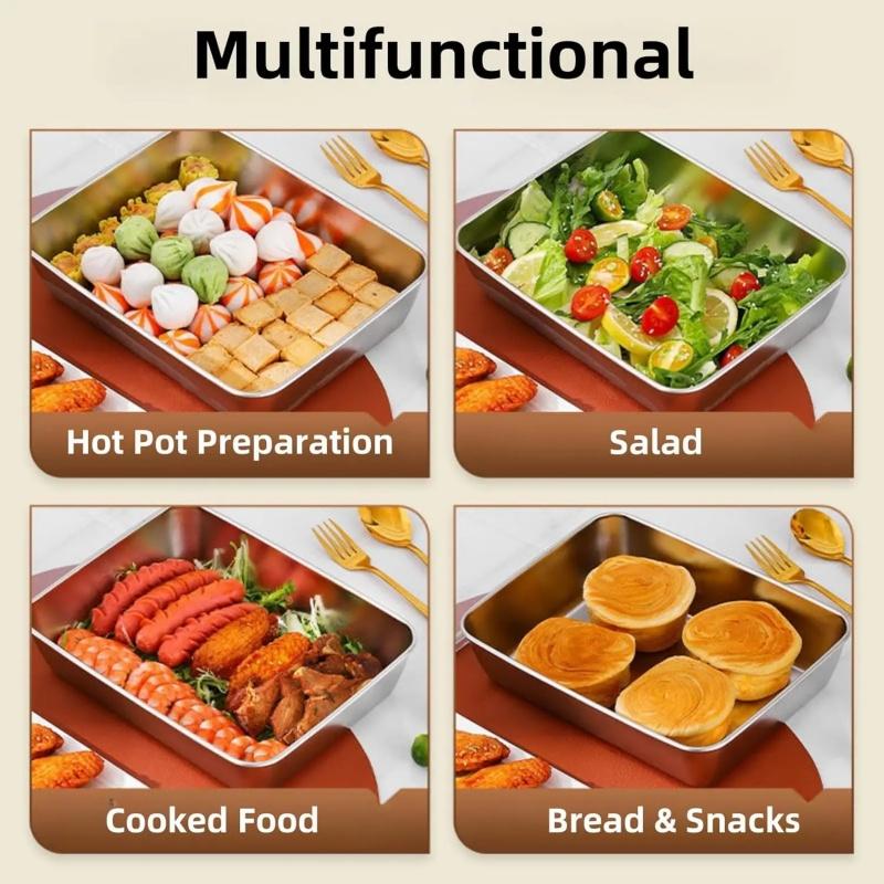 3pcs Stainless Steel Fruit Tray Lunch Box Home Food Storage Container Rectangle Dish with Cover Noodles Thick Food Container