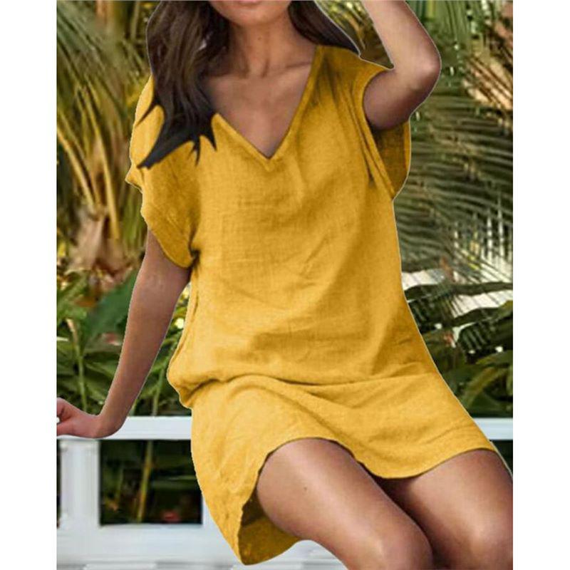 

2023 Summer Cotton Linen V-Neck Loose Short Sleeve Dress Extra Large жовтий