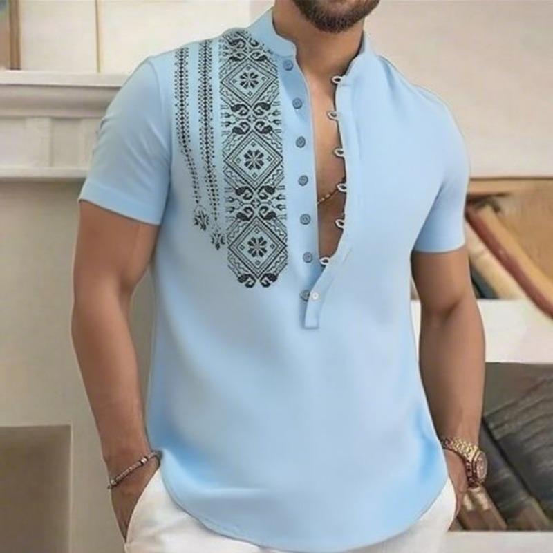 Men s Ethnic Embroidery Henley Neck Short Sleeve Casual Shirt S синий