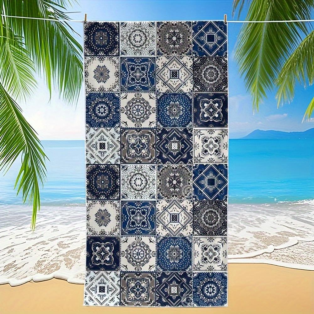 1pc Extra Large Turkish Moroccan Pattern Beach Towel - High-Quality Microfiber, Durable & Quick-Dry,Vibrant Blue White Geometric