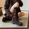 Womens Retro Buckle Biker Boots Square Toe Chunky Mid Heel Knee High Suede