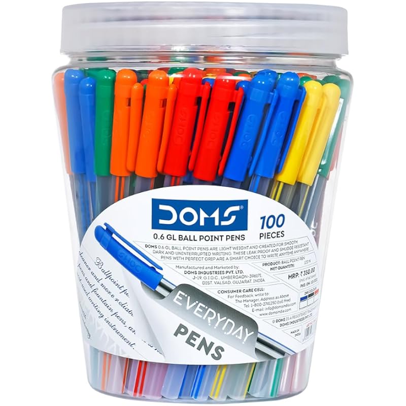 Doms Everyday GL Ball Point Pen Jar Pack | Tip Size 0.6 MM | Light Weight With Leak Poof | Comfotable Grip For Smudge Fr 1 count (Pack of 100) синий