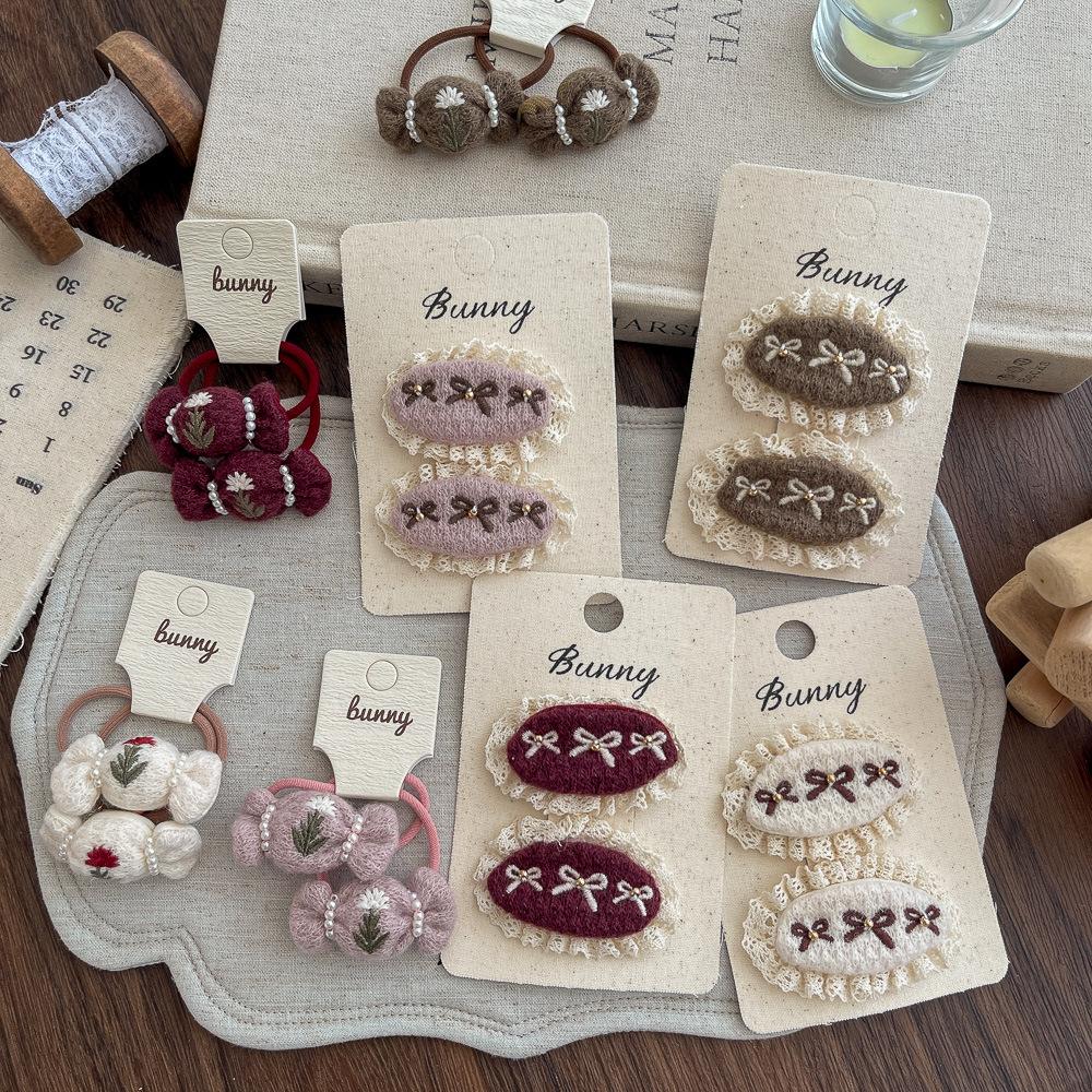 Autumn and Winter Lace Embroidery Bow Children's Hairpin Cute Girl Hair Ring Head Rope Girl Headdress Hair Accessories
