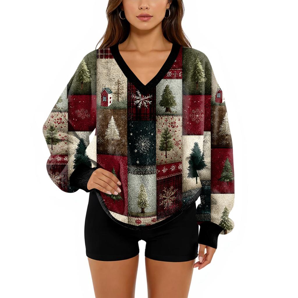 Women's V-Neck Sweatshirt Plush Solid Color Casual Fashion Long Sleeve With Pocketed Pullover Top