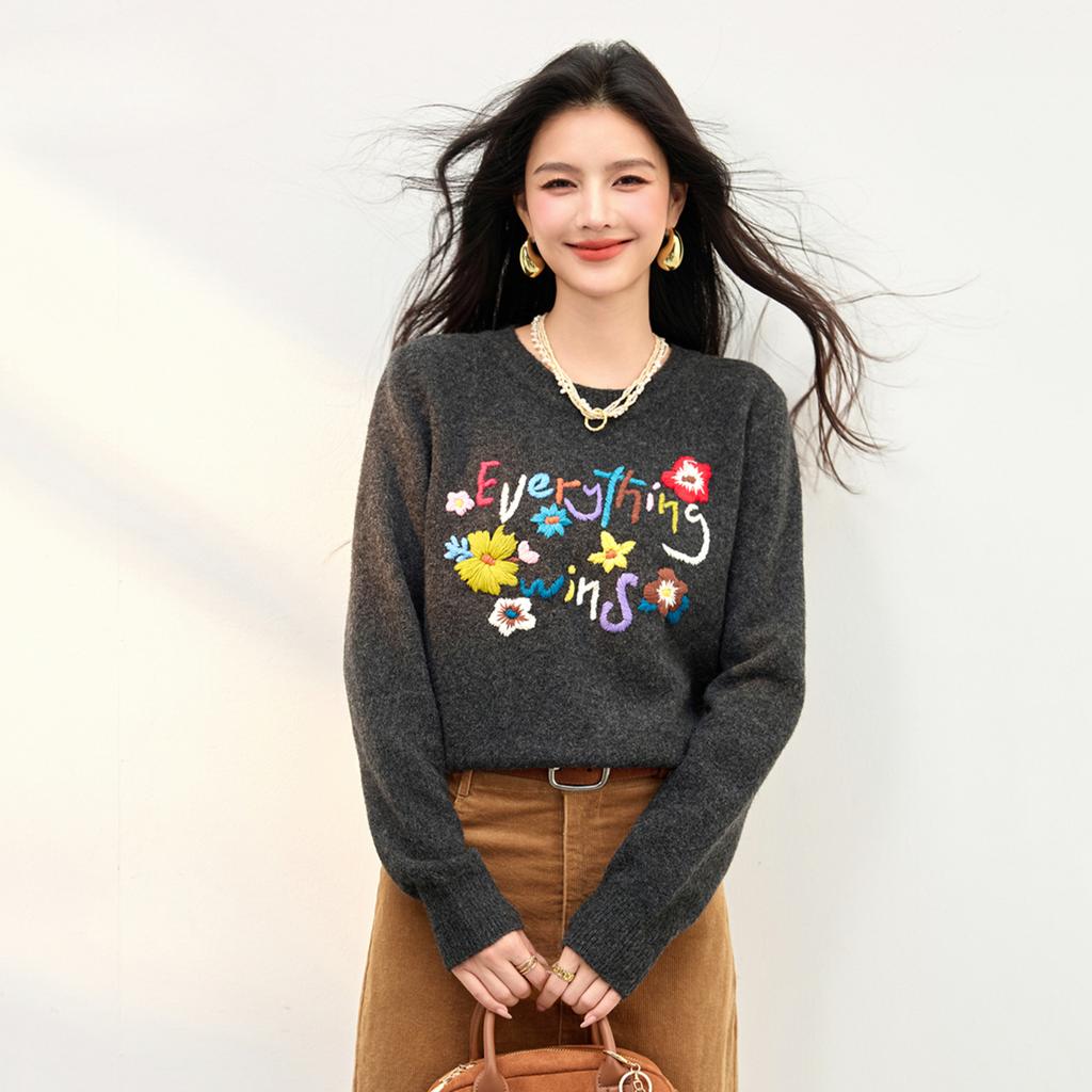 Dimanaf 2025 Women Sweaters Knitting Basic Embroidered Flowers Grey O-Neck Style Loose Pullover Sweater