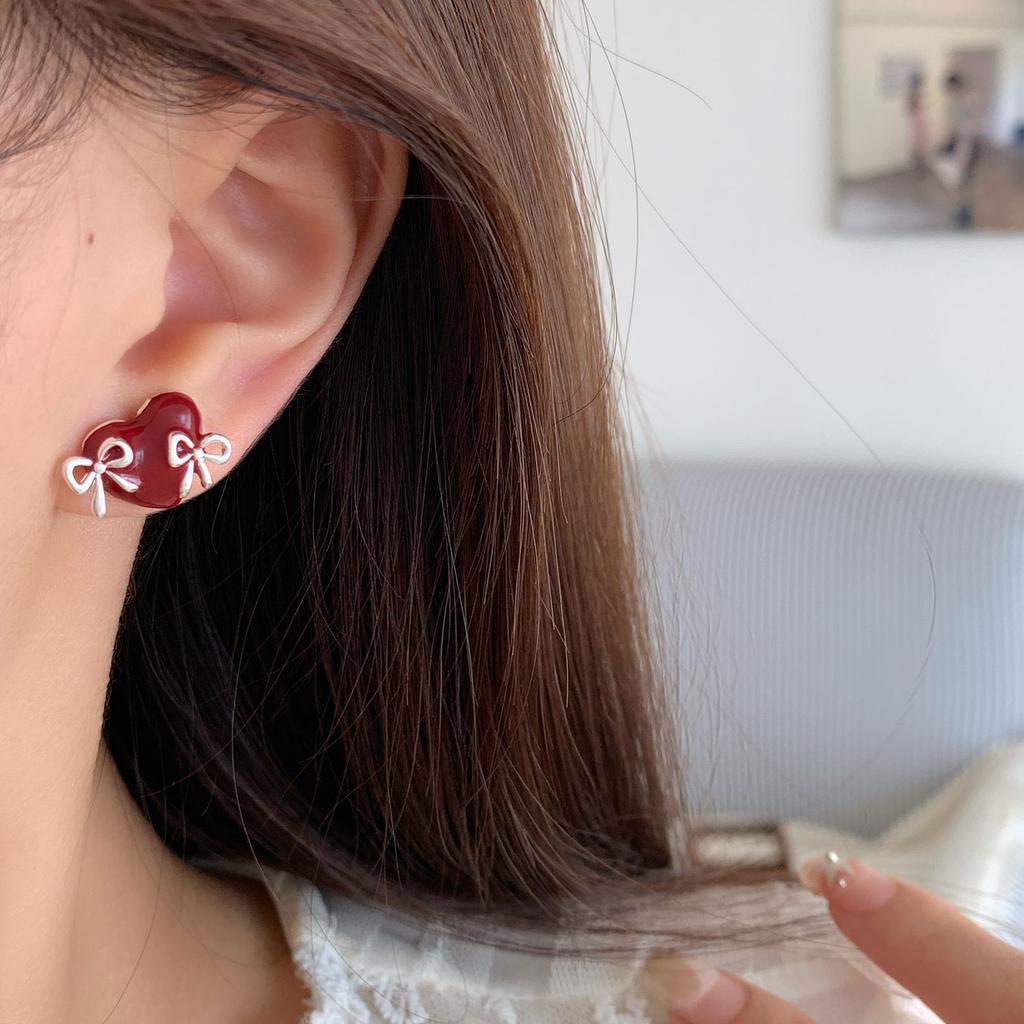 Real 925 Silver Hollow Bowknot Heart Hoop Earrings For Women Classic Fine Jewelry Niche Light Accessories
