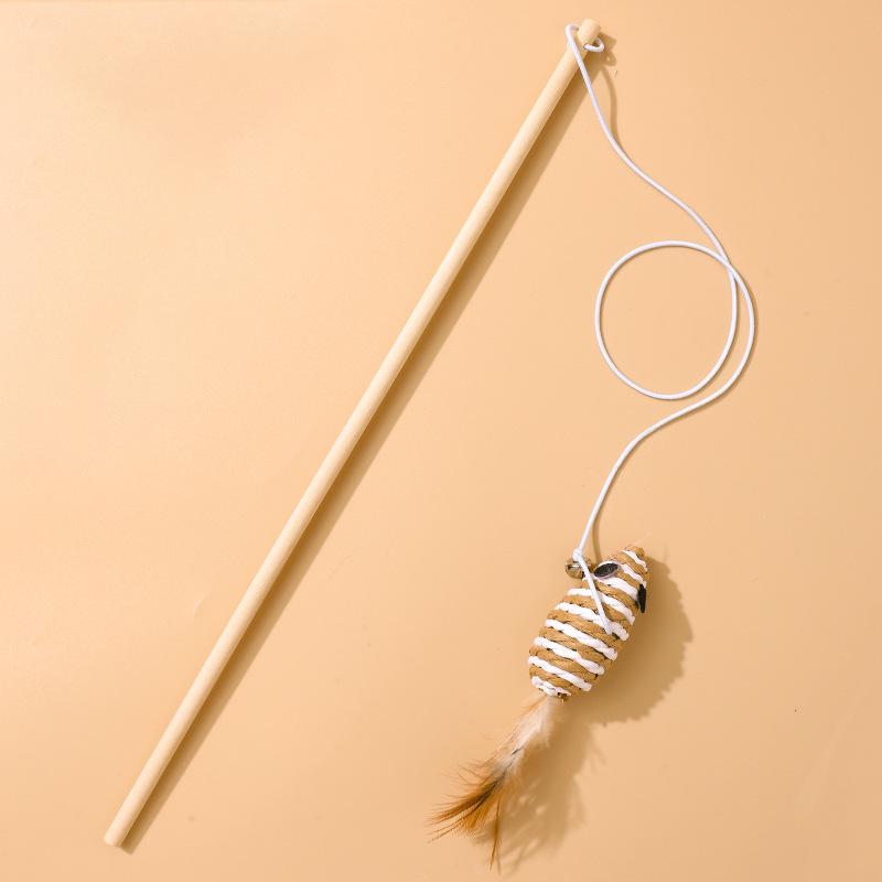Interactive Gray/White Linen Mouse Cat Wand with Wooden Rod and Handle