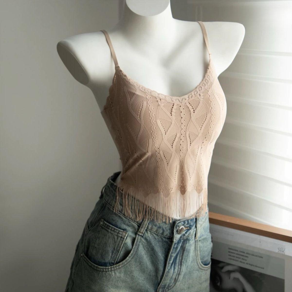 

Женский кроп-топ-майка без рукавов с нагрудной подушечкой и кисточкой, летний короткий кружевной жилет L