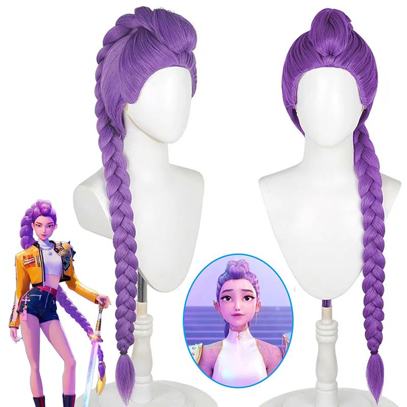 Kostium Łowcy Demonów Rumi Peruki Fioletowe Długie Peruki z Warkoczem Kucykiem Peruka Syntetyczna Rekwizyty Cosplay na Imprezę Halloween