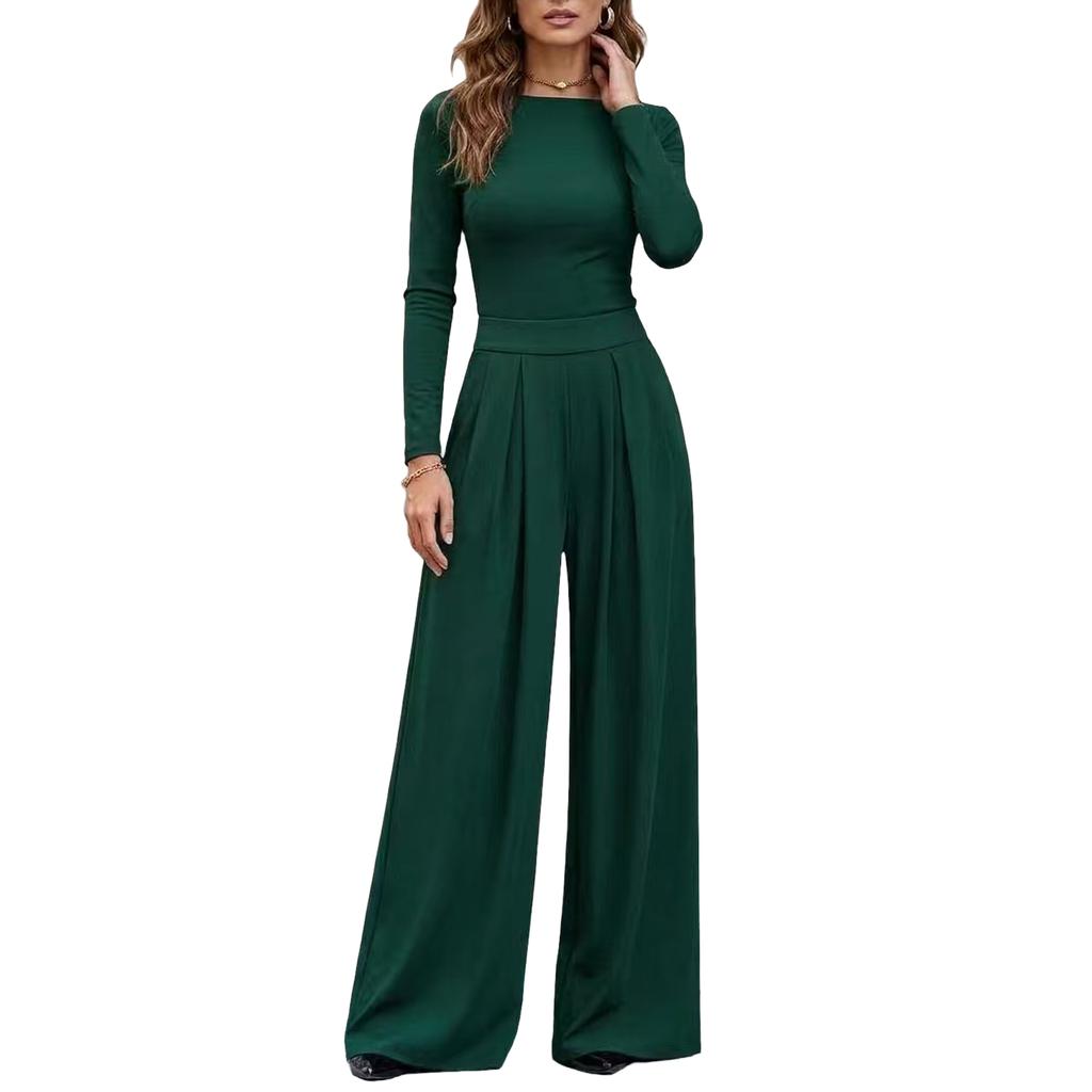 Damen Farbe Langarm Weiter Bein Jumpsuit Lässiges Mode Outfit für den Alltag