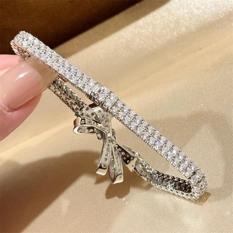 New Vintage  Pure 925 Sterling Silver Bracelets Full Pave 3a Cubic Zirconia Bowknot Bracelet for Women Luxury Fine Jewelry