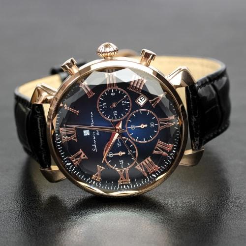 Salvatore Marra Men's Watch, Multi-faceted Glass Chronograph with Gradient Leather Strap, Green, Blue, and Black, SM19104-PGBLBK