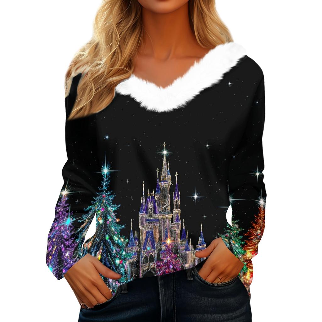 Langermede skjorter for kvinner Søte topper juletrykk T-skjorter Bluser Uformell Pluss størrelse Basic Topper Pullover