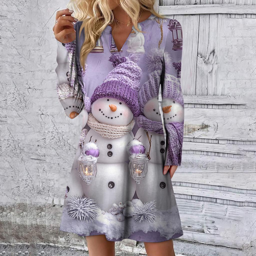 Dame Julemønstret Kjole Løs V-hals Casual Langermet Kjole