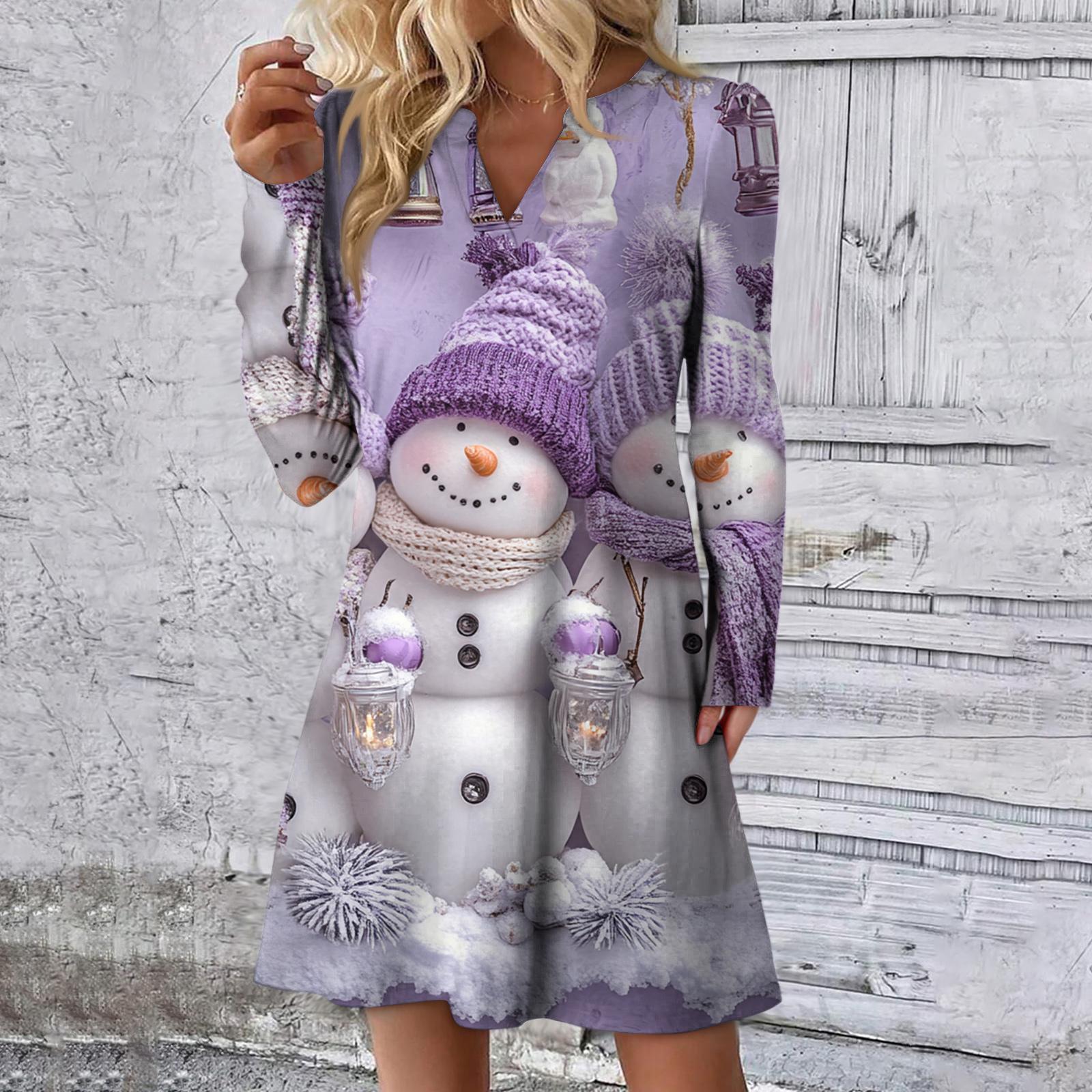 

Женское рождественское платье с принтом, свободное, с V-образным вырезом, повседневное платье с длинными рукавами L