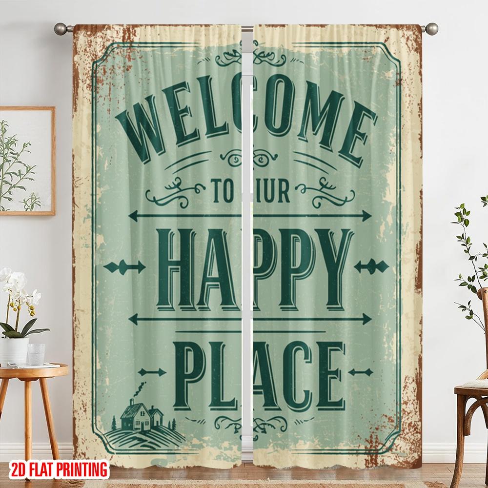 2pcs 2D flat printing Window Curtains Welcome Happy Place Home_a Fabric Without Electricity Family Party Use for All Occasions