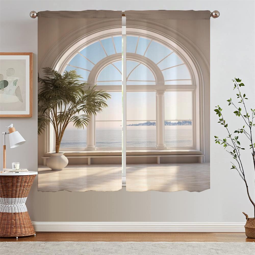 European Arch With Sea View Kitchen Curtain Tiebacks Elegant Room Curtains 2 Pcs Set Tulle for Living Room Decoration Blinds