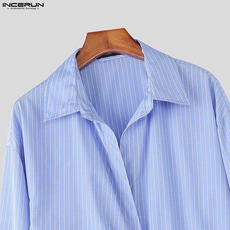 INCERUN Men Spring Turn Down Collar Long Sleeve Side Twisted Striped Print Shirts Tops
