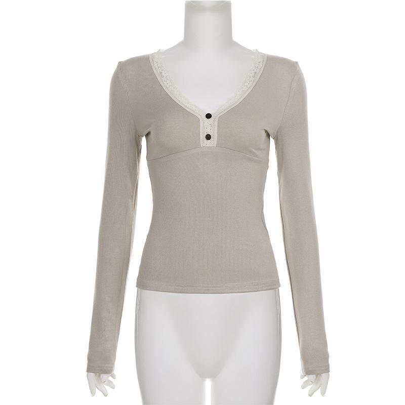Sexy V-neck Lace A-line Knit Long-sleeve Top - Elegant Slimming Sweet Girly Style