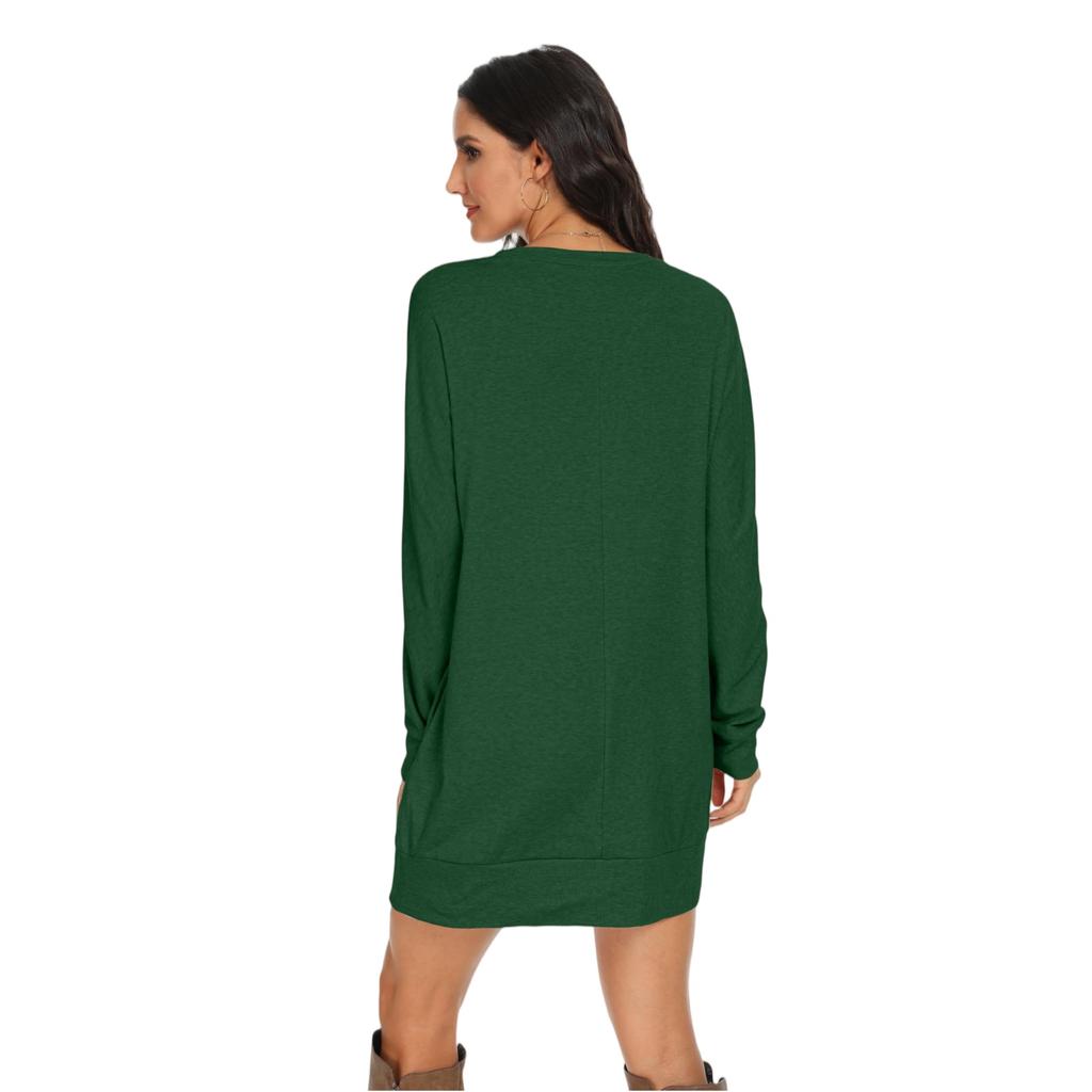 Women's Fashionable Long-sleeved Solid-color Round-neck Pocket Dress