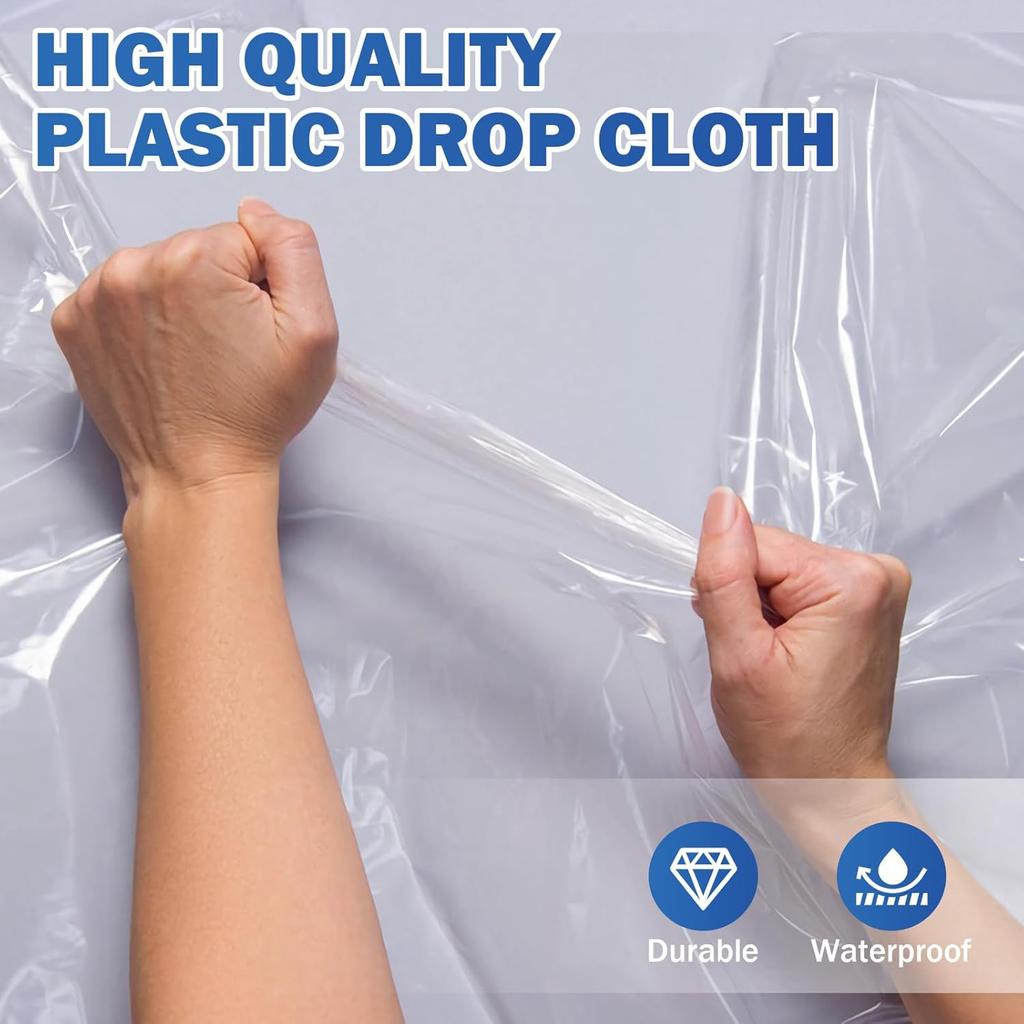 24 Pack 12 X 9 Ft 0.4 MIL Large Painter’s Plastic Drop Cloth Painting Sheet-Light & Durable Dust Cover-Clear Plastic Sheet-Plastic Sheeting-Plastic