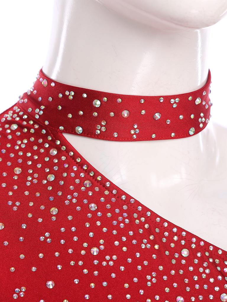 Damen Zeitgenössischer Tanz Top Asymmetrisch Transparentes Mesh Langarm Buntes Strass Crop Top