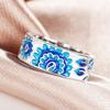 Silver Plated Blue & White Enamel Flower Pattern Ring, Vintage Turkish Art Inspired Band Ring for Women