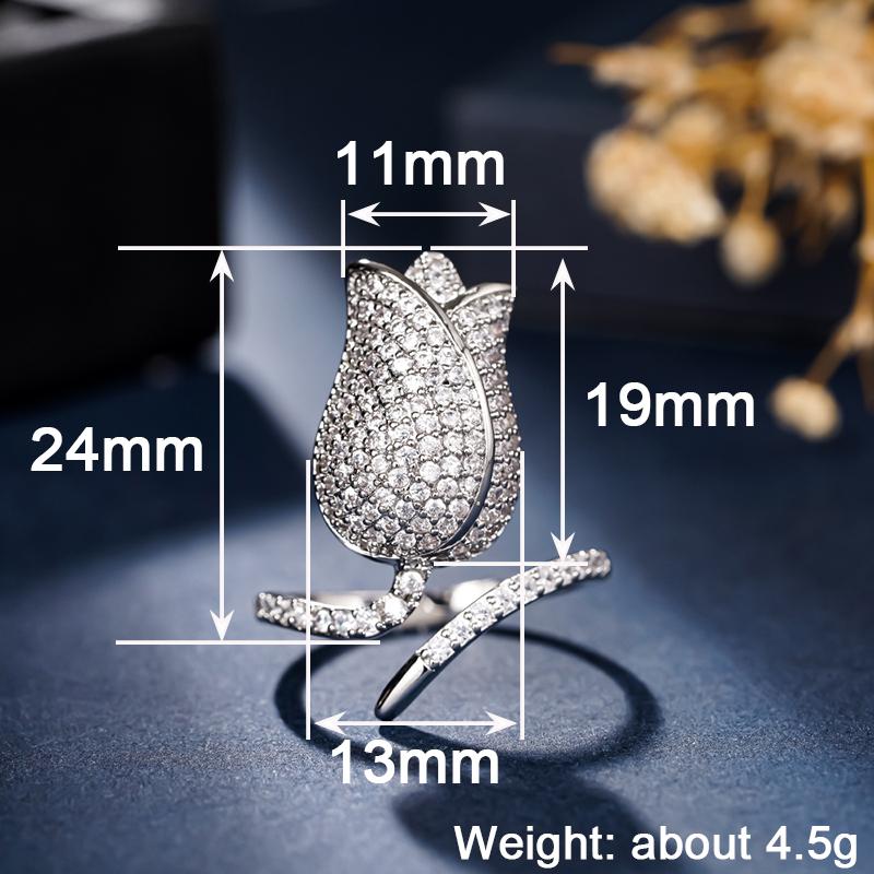 Huitan Tulip Shaped Women Opening Ring Aesthetic Flower Design Elegant Party Engagement Accessories Trendy Jewelry Full Shiny CZ