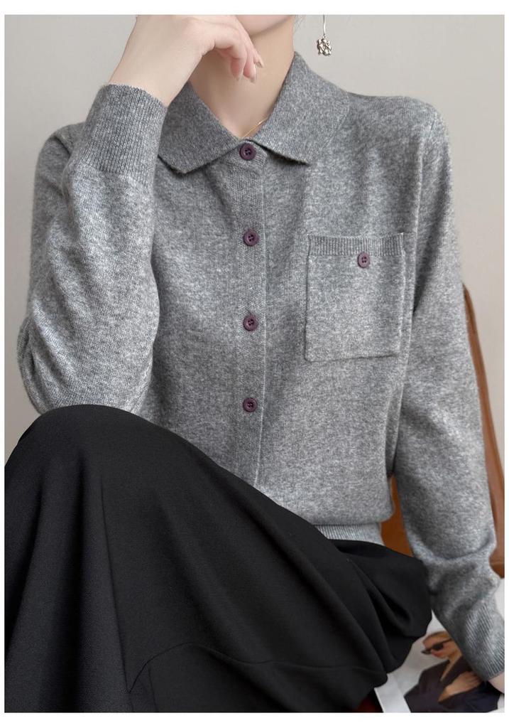 Women's Autumn Lapel Pocket Wool Cardigan – Long Sleeve Solid Color Knit Outerwear