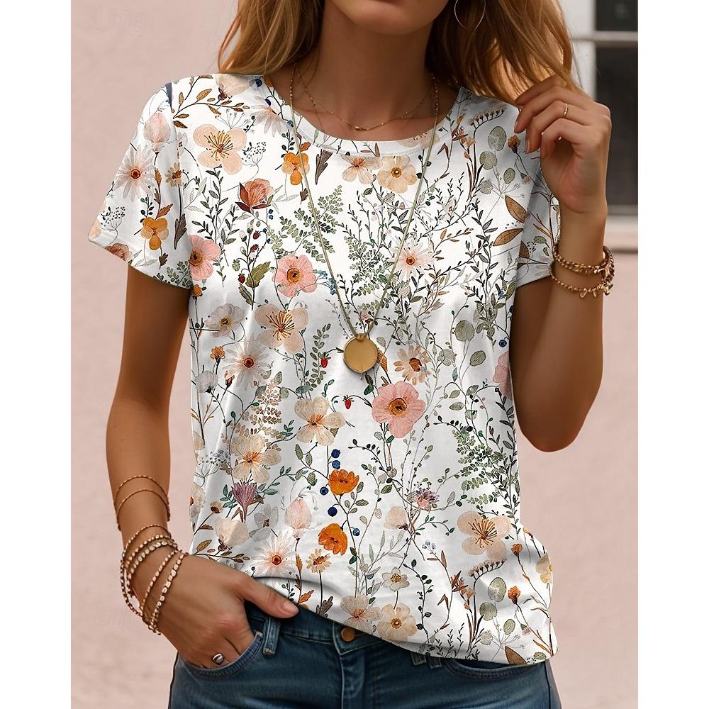 2025 Women's T Shirt Floral Graphic Fashion Stylish Classic Short Sleeved Crew Neck
