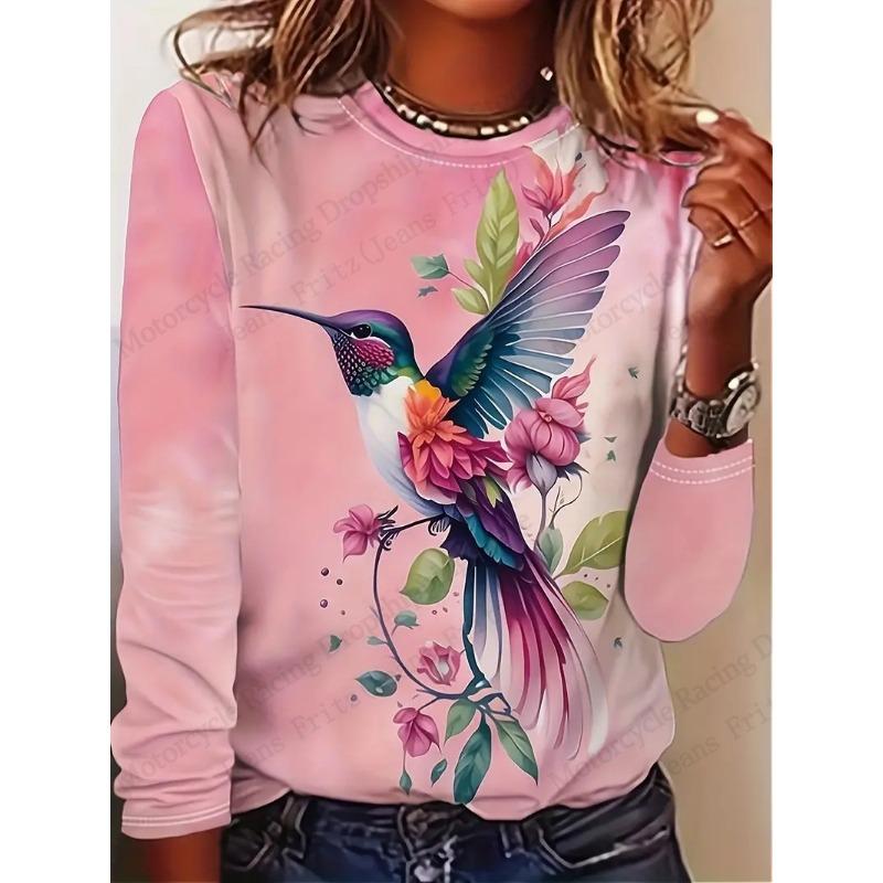 Bird Floral Patterns Graphic 3d Print T-Shirt Women Fashion Casual Oversized Long Sleeve T-shirt Women Clothing Flower Tops Tees