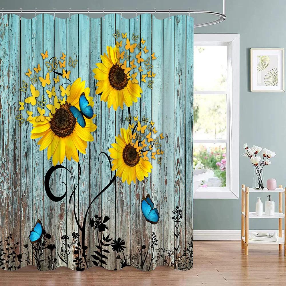 Sunflower Flower Bee Wood Grain Plant Scenery Bathroom Shower Curtain Cactus Butterfly Floral Landscape Bath Curtains With Hooks