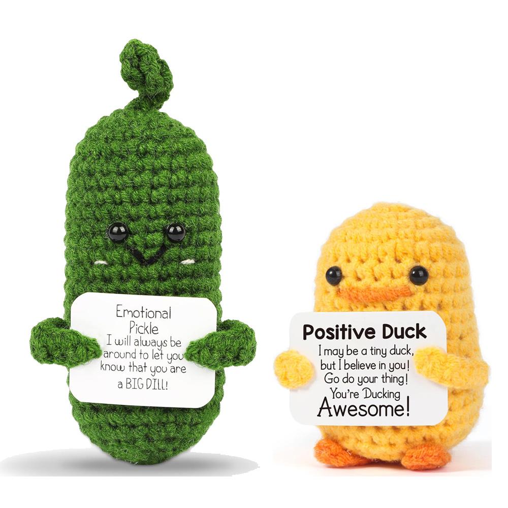 Handmade Emotional Support Pickle Crochet Funny Sour Cucumber Knitted Pickle with Positive Card Cheer up Gift Crochet Home Decor