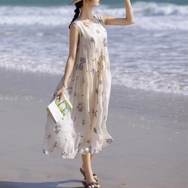 2025 summer new full-length heavy industry embroidery waist thin white fairy robe dress vest long dress