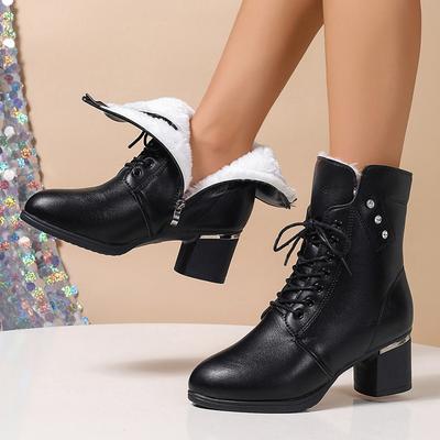Mode Winter 2025 Damen High Heels Langplüsch Warme Stiefeletten Übergröße 42 Dicke Blockabsätze Motorradstiefel Komfort Damenschuhe
