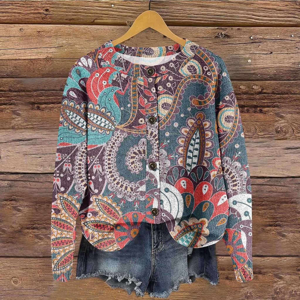 Women's Vintage Knit Button Vintage Print Cardigan Jacket