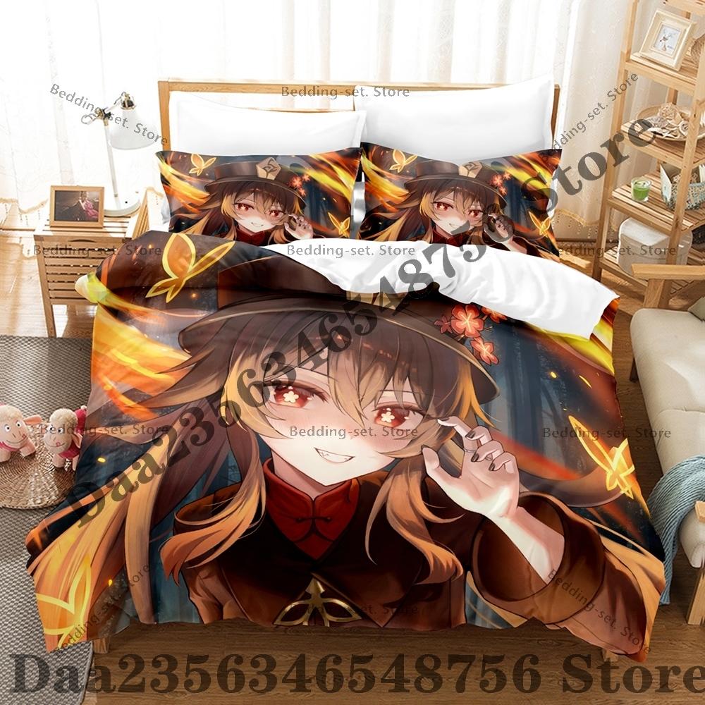 Personality Anime Hu Tao Bedding Set AniThree Piece Bedding Set - Luxury Comforter Set with Queen King Size Including pillowcase